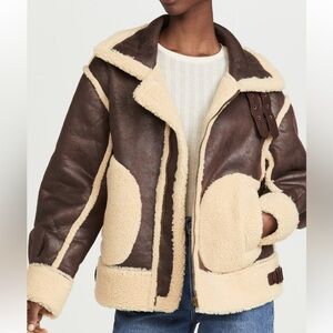 Moon River Brown and Cream Shearling Bomber Jacket